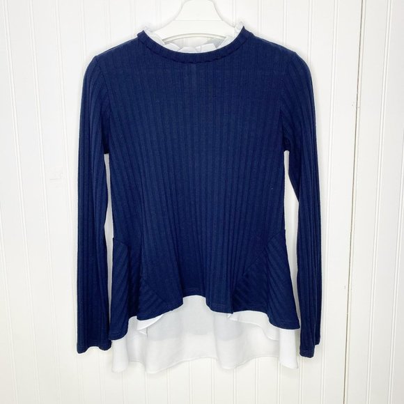 GREEN ENVELOPE Blue Sweater & White Blouse Combo Top S - Picture 1 of 9